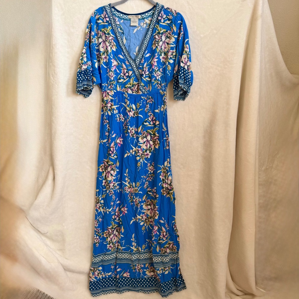 Flying Tomato Sz S Cobalt Blue Tropical Floral Surplice Maxi Dress Boho Rayon